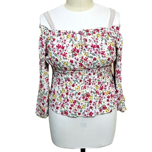 No Boundaries - Women's Junior's White, Pink Floral Print Gathered Peplum XL - Picture 5 of 11